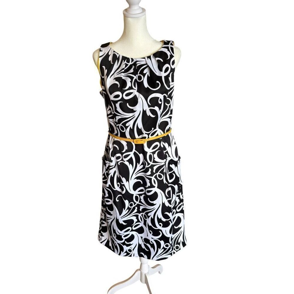 London Times black and white geometric dress with yellow belt size 8